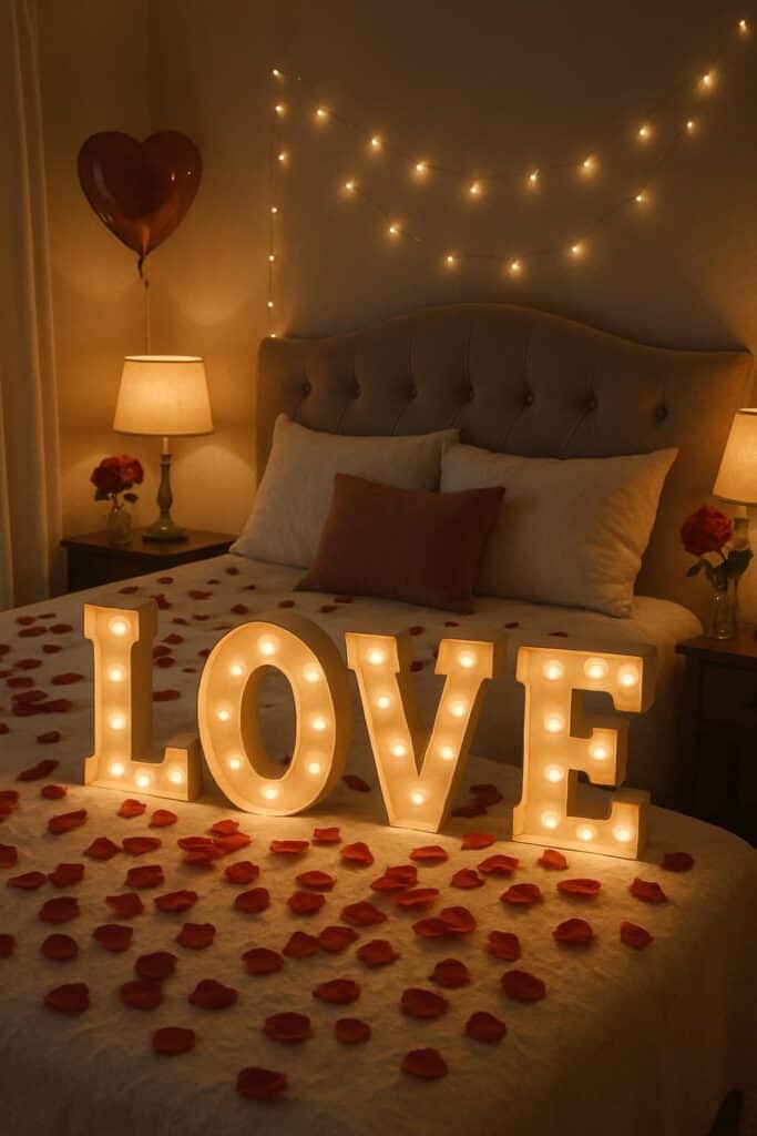 A cozy bedroom decorated with light-up 'LOVE' letters and rose petals on the bed.