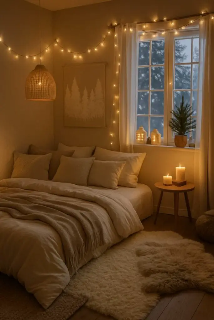 Low profile floor bed styled with messy white bedding and string lights, creating a relaxed and grounded sleeping space.