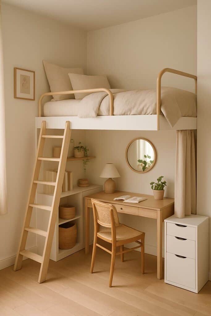 White loft bed in a small room with a functional desk and workspace underneath to maximize vertical space.