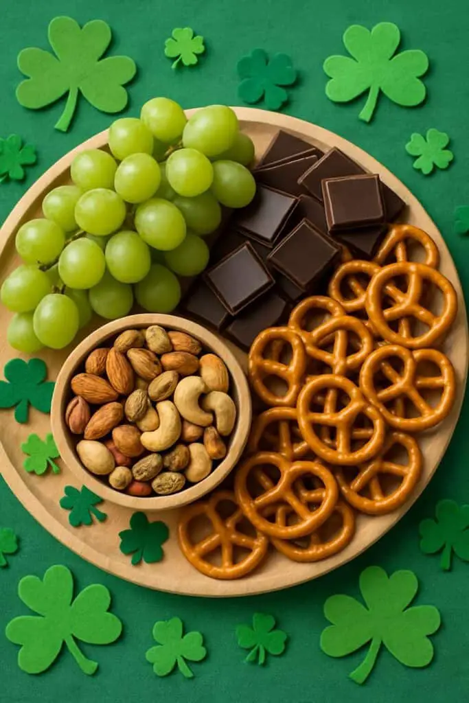 Sweet and salty St Patricks Day snack tray with green grapes, dark chocolate, mixed nuts, and pretzels.