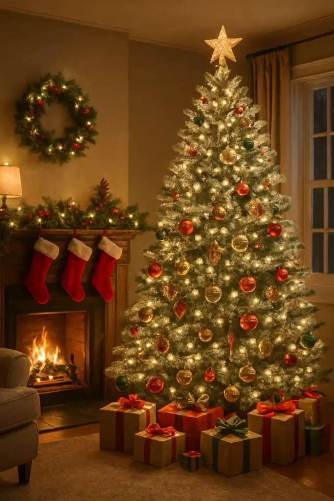 A beautifully decorated flocked Christmas tree with ornaments and gifts in a cozy living room setting.