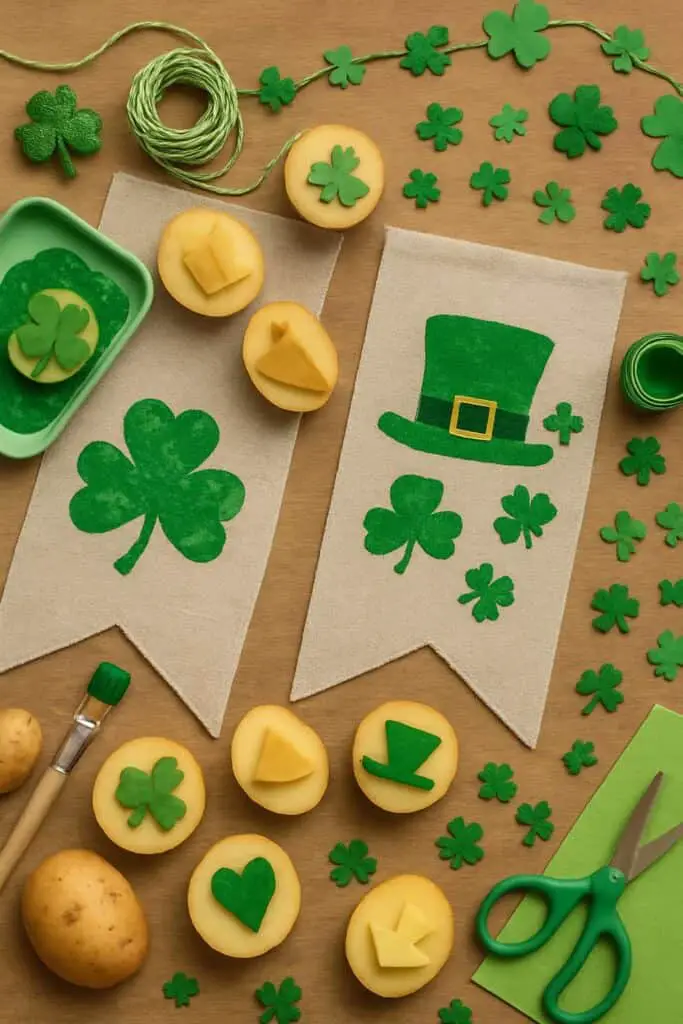 Potato stamps and linen banners for St. Patrick's Day decor.