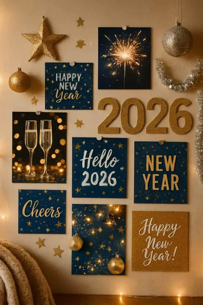 A festive mood board for New Year's Eve featuring photos, decorations, and messages.
