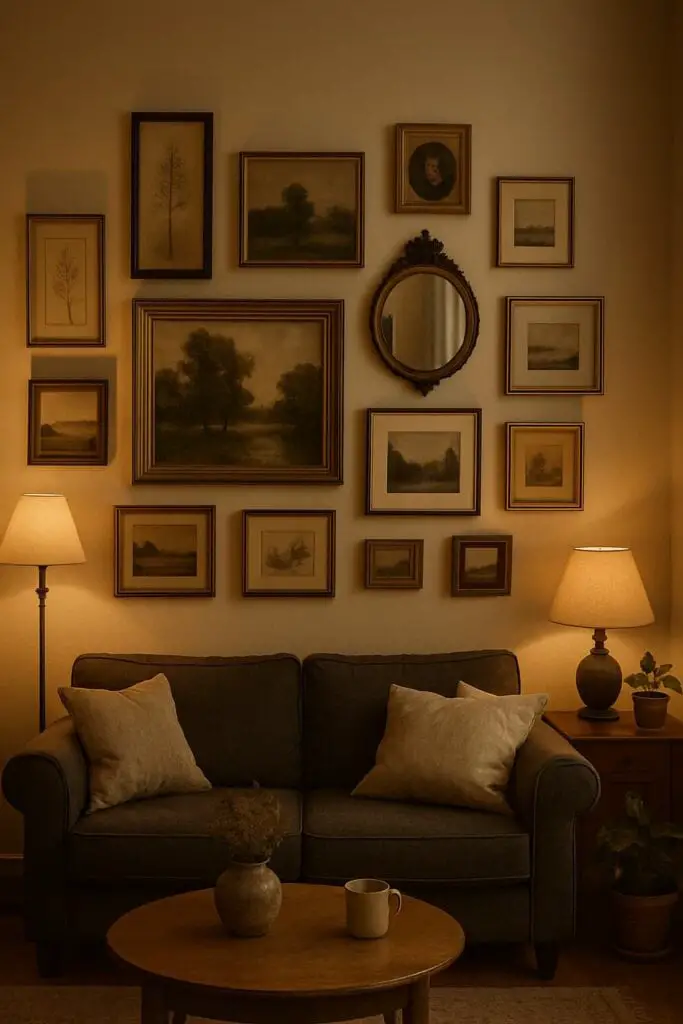 Vintage-inspired gallery wall above a sofa featuring a mix of gold and wood framed botanical art and landscapes.