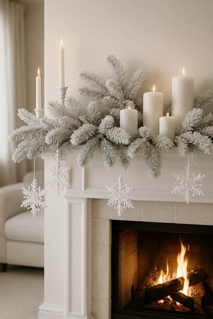 An all-white winter mantel decorated with faux greenery, white candles, and snowflake ornaments.