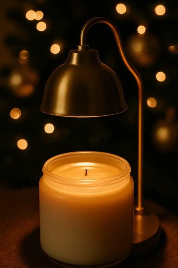 A gold candle warmer lamp melts the wax of a white jar candle, which has an unlit wick. Soft, out-of-focus Christmas tree lights glow in the dark background.