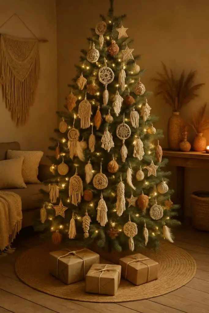 A chic Boho Christmas tree decorated with handmade ornaments and warm lights, surrounded by wrapped gifts.