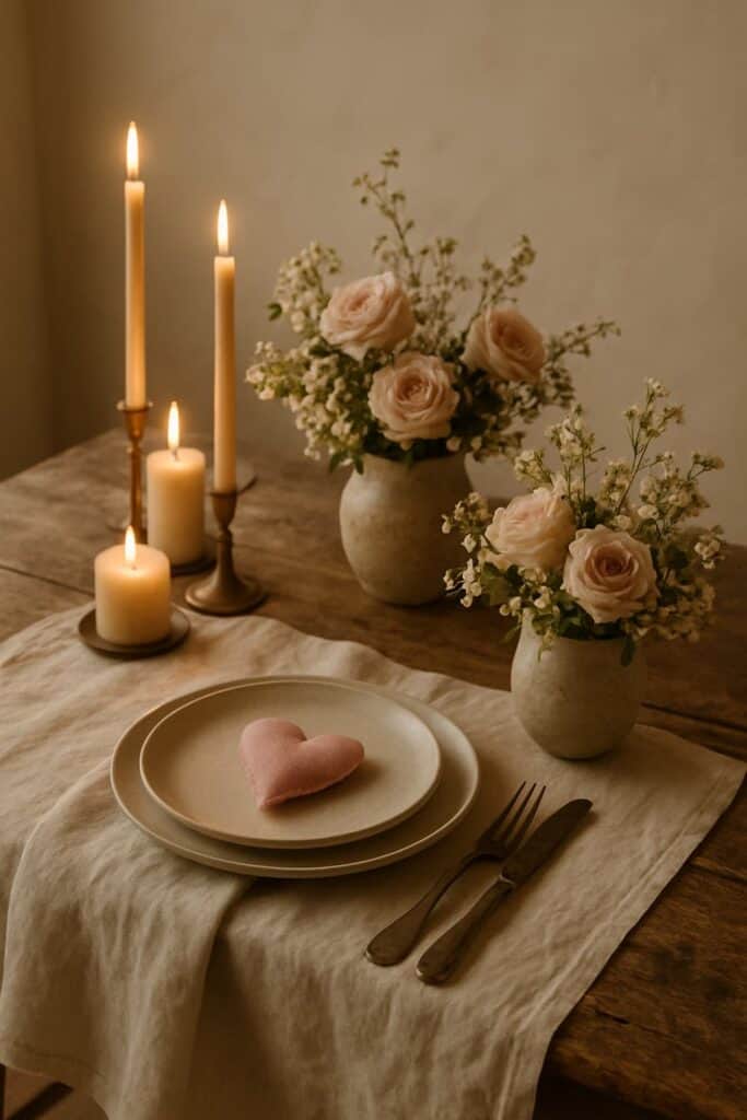 A cozy farmhouse tablescape featuring linen, candles, and floral arrangements for Valentine's Day.