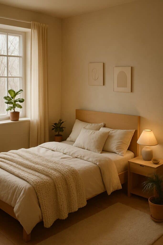 Small, minimalist bedroom featuring a light wood bed frame, neutral linen bedding, and a potted plant on the windowsill.
