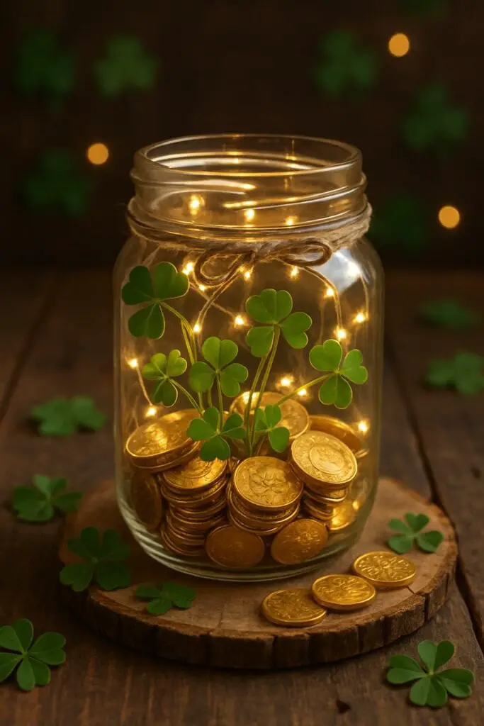 Mason jar filled with gold coins and clovers, illuminated with fairy lights.