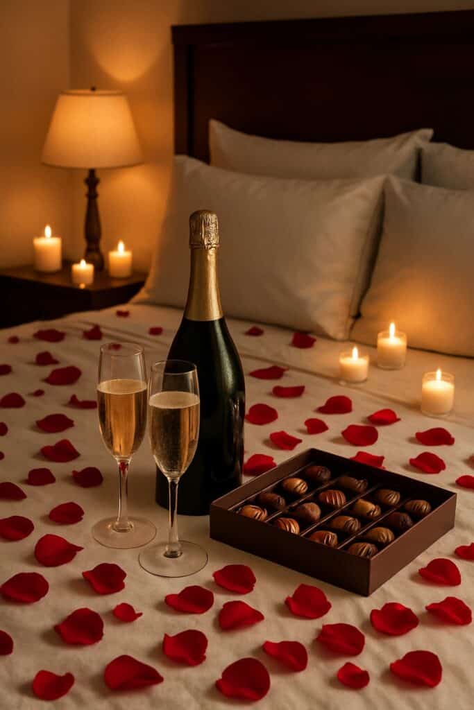 A romantic bedroom setup featuring champagne, chocolates, and rose petals.