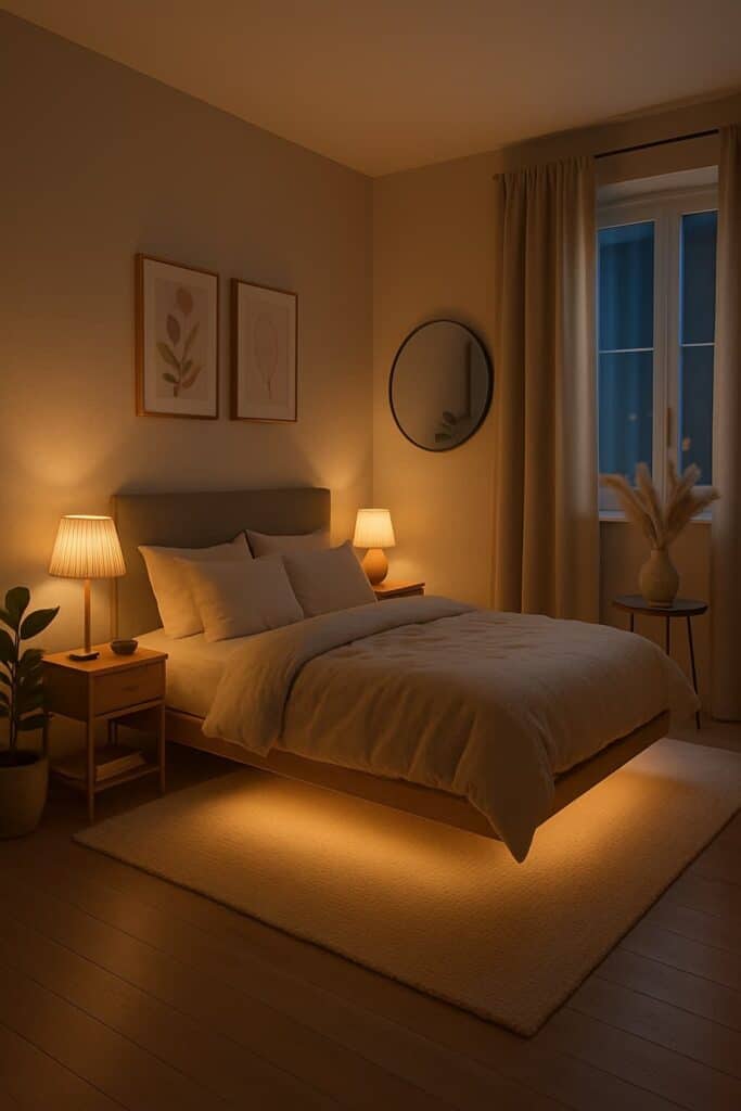 Modern floating bed with under-bed lighting in a small minimalist bedroom, creating a spacious and airy feel.
