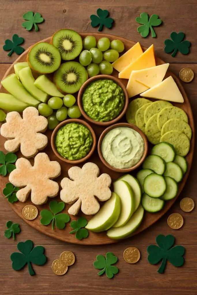St Patricks Day brunch board with shamrock shaped sandwiches, green fruit, and festive dip.