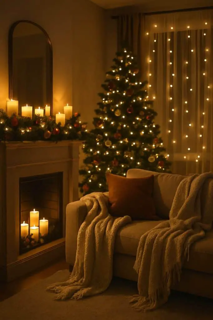 Cozy living room decorated for Christmas with battery candles on the mantel, a Christmas tree, and a comfy sofa.
