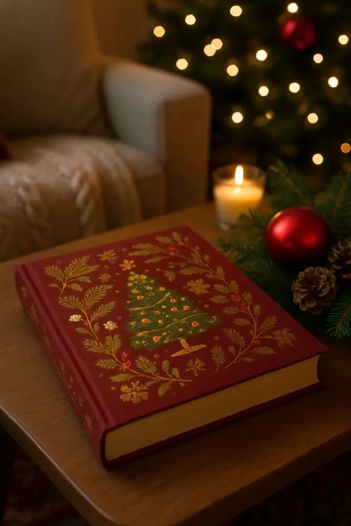A beautifully designed hardcover coffee table book with a Christmas tree on the cover, placed on a wooden table beside a candle and festive decorations.