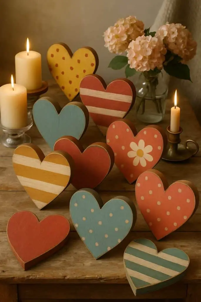 Colorful painted wooden heart signs in various designs and patterns, arranged on a wooden table with candles and flowers.