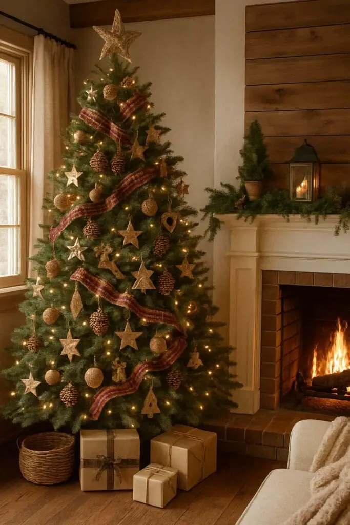 A classic farmhouse Christmas tree decorated with natural ornaments, warm lights, and rustic gifts.