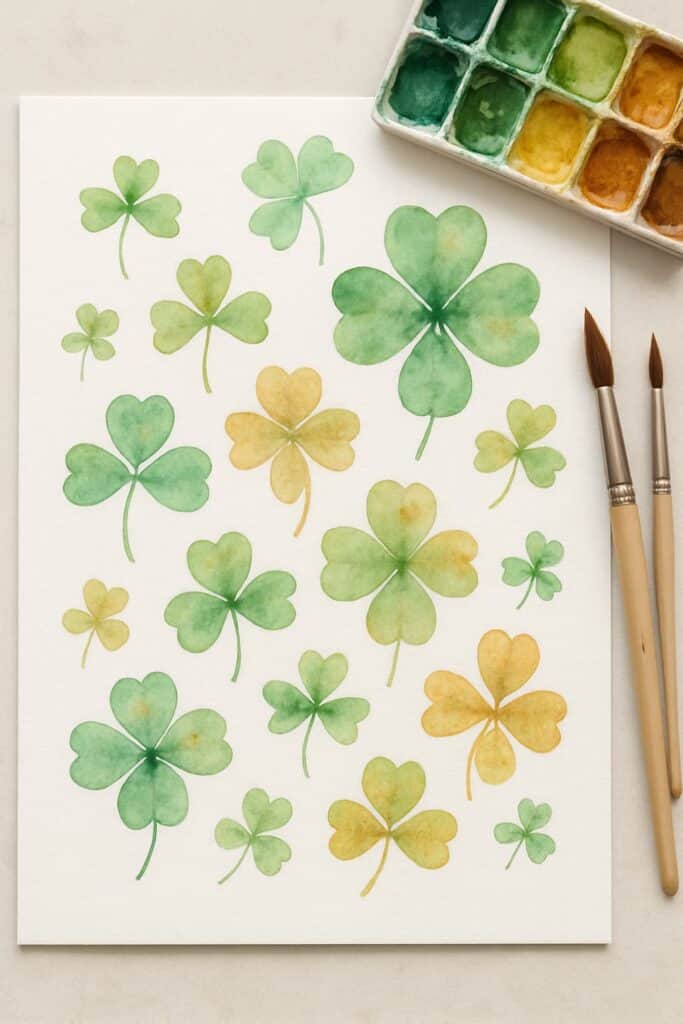 A collection of painted watercolor shamrocks in various shades of green and yellow, with brushes and a watercolor palette.