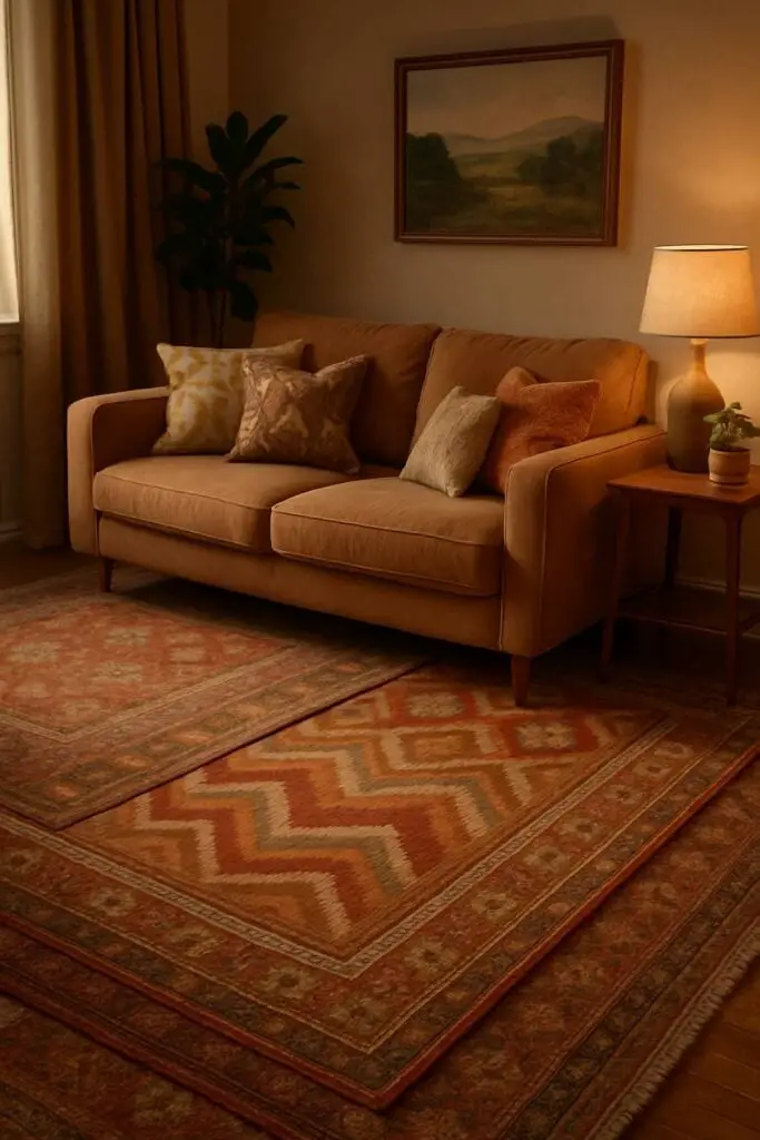 Warm living room floor featuring a patterned geometric rug layered over a larger textured area rug.
