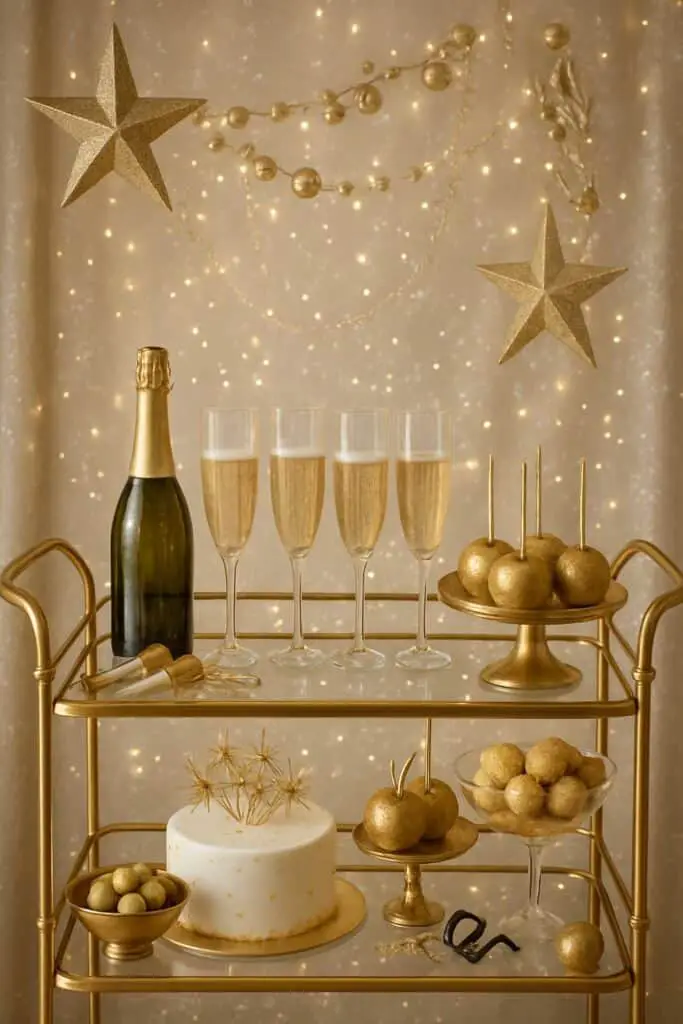 A gold aesthetic celebration cart with champagne, flutes, a cake, and decorative treats.