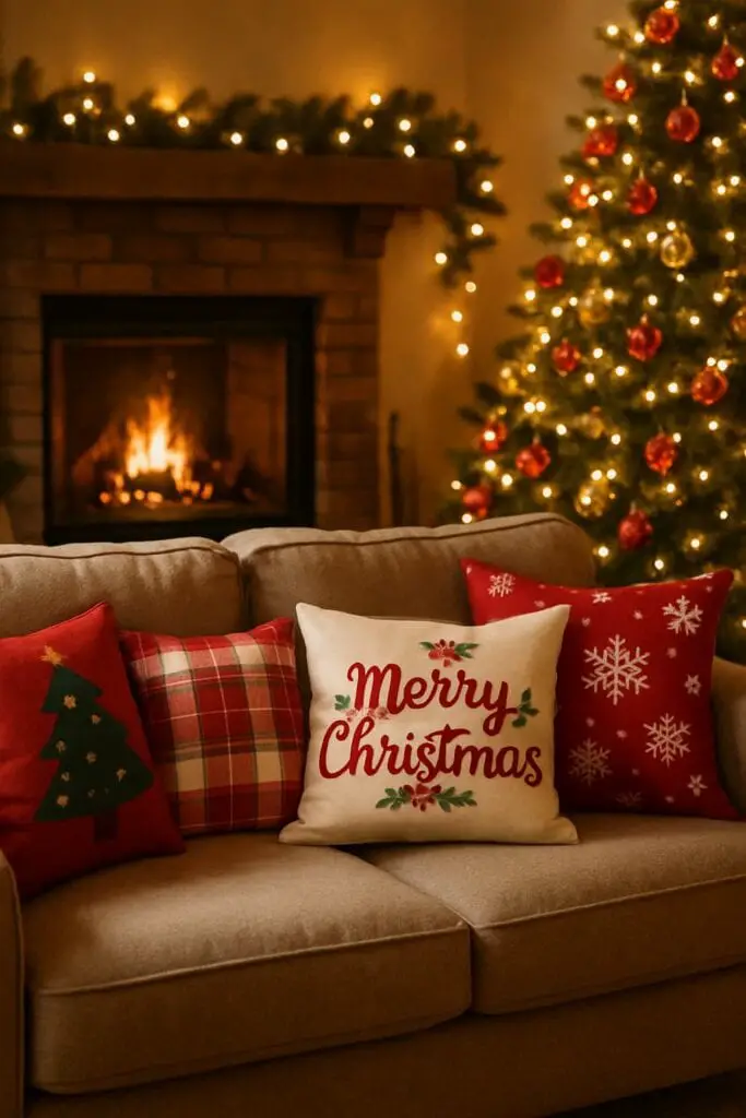 A cozy couch with holiday-themed throw pillows, including a 'Merry Christmas' pillow, set against a warm fireplace and a decorated Christmas tree.