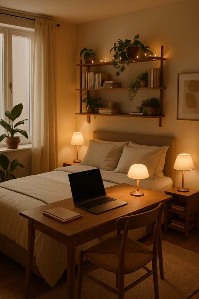 Small bedroom layout featuring a wooden desk positioned at the foot of the bed to create a compact workspace.