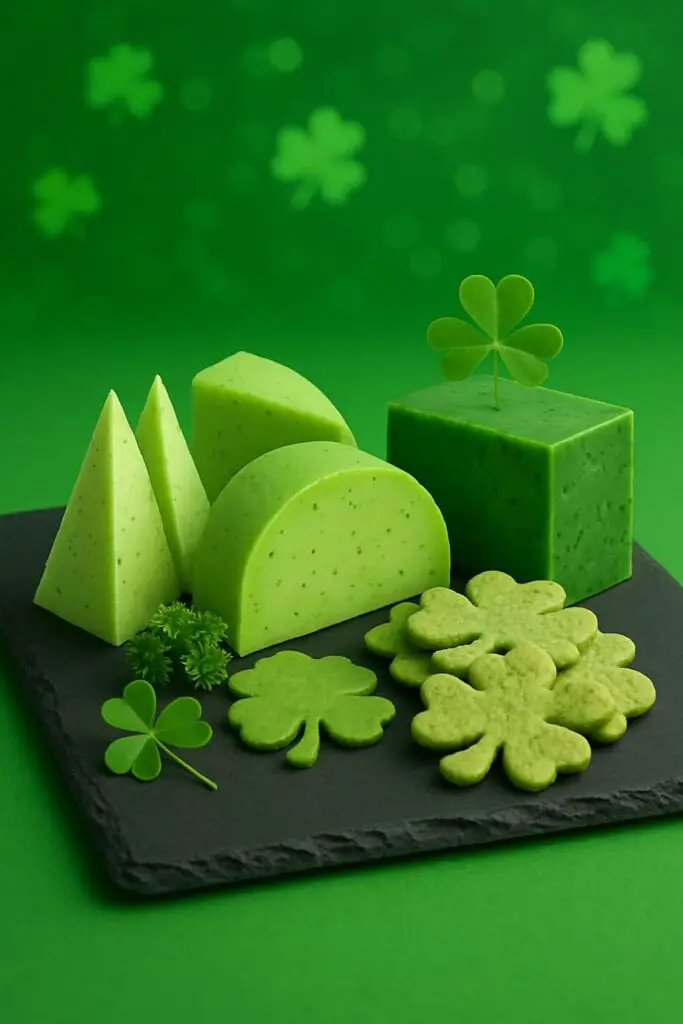 Minimalist slate serving tray with green cheese and shamrock shaped cookies for St Patricks Day.