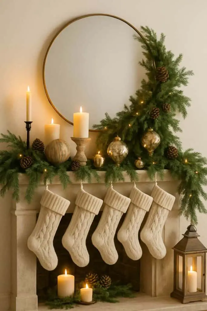 A modern asymmetrical Christmas mantel decor featuring greenery, candles, and stockings.