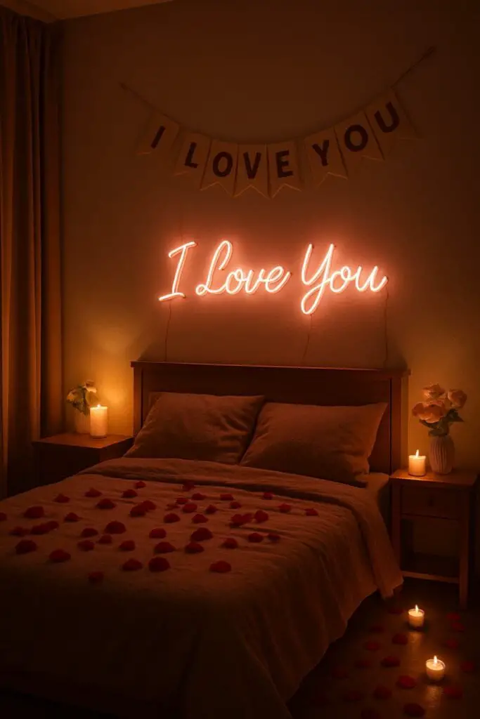 A cozy bedroom with a neon sign that says 'I Love You', a banner, candles, and rose petals on the bed.