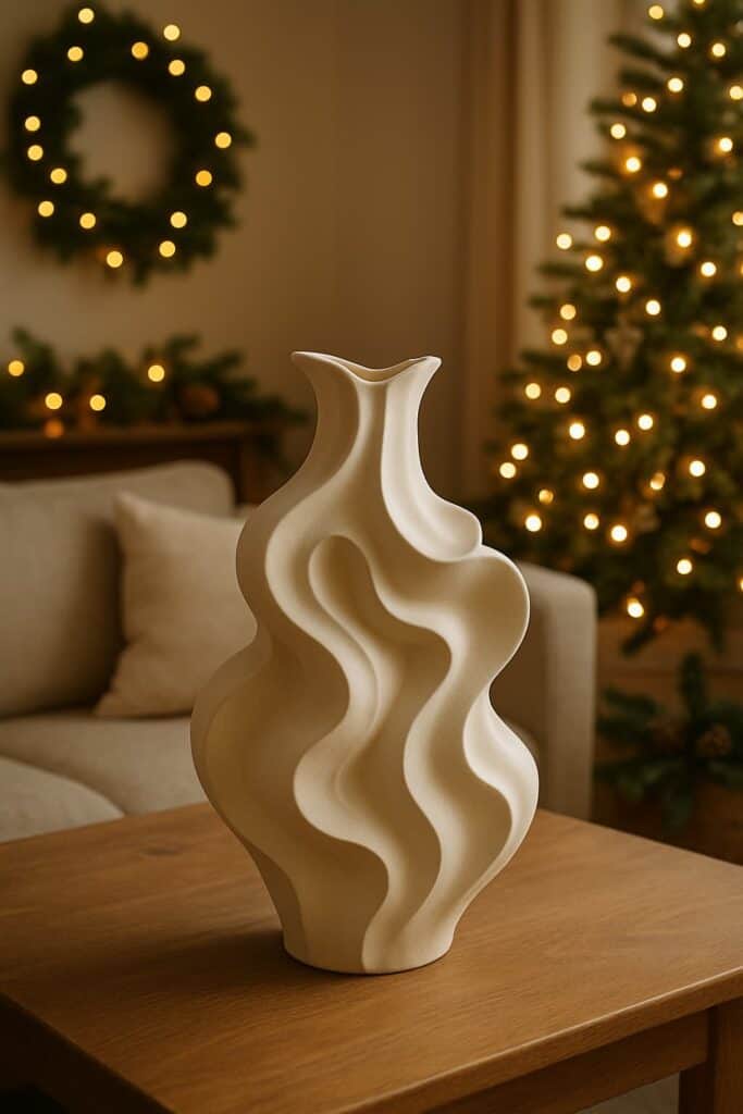 A sculptural ceramic vase with a wavy design on a wooden table, with a Christmas tree and wreath in the background.