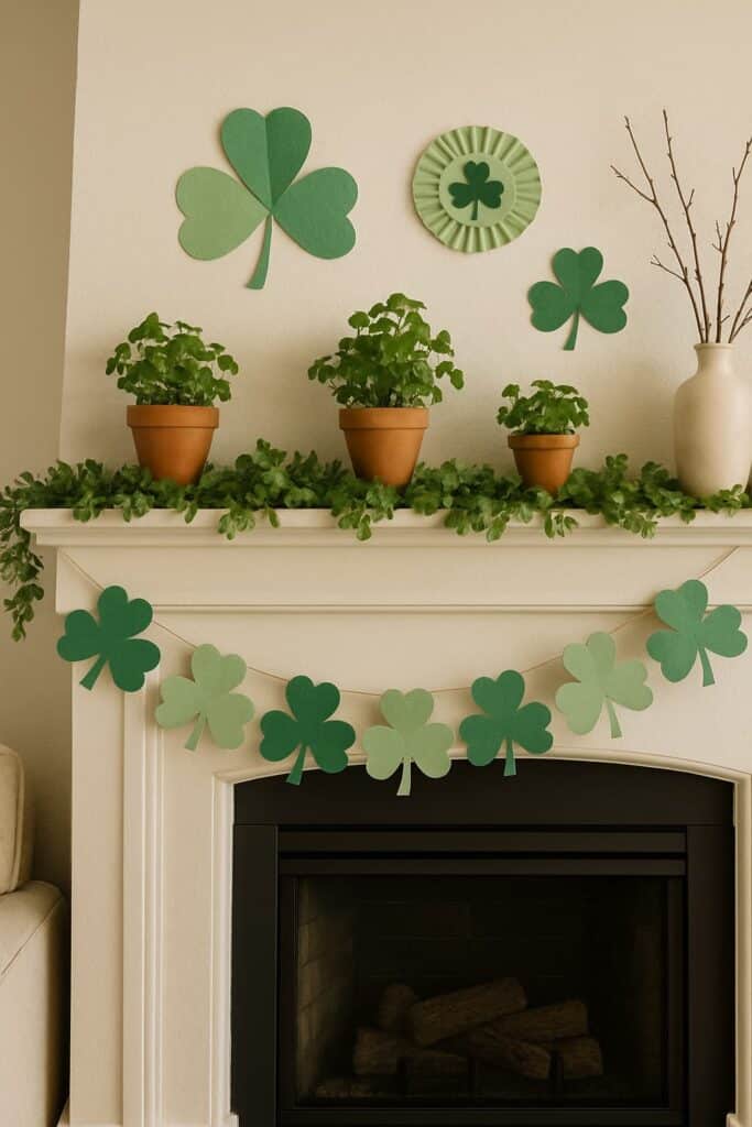 A decorated mantle for St. Patrick's Day featuring shamrock garland, potted plants, and wall decorations.