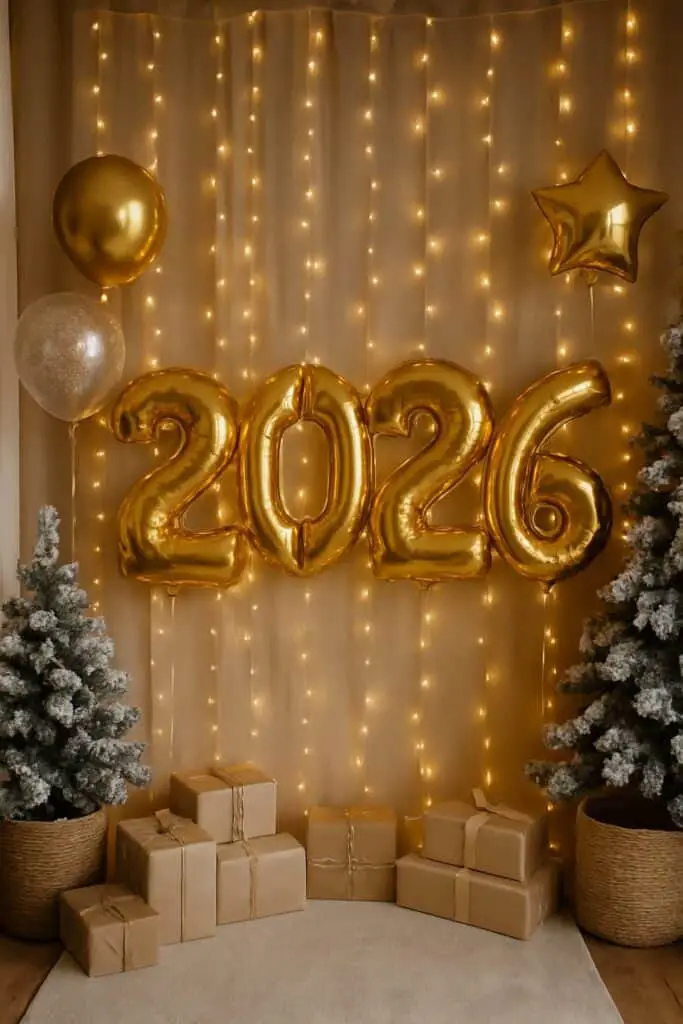 A festive New Year photo backdrop with golden balloons, fairy lights, and Christmas trees.