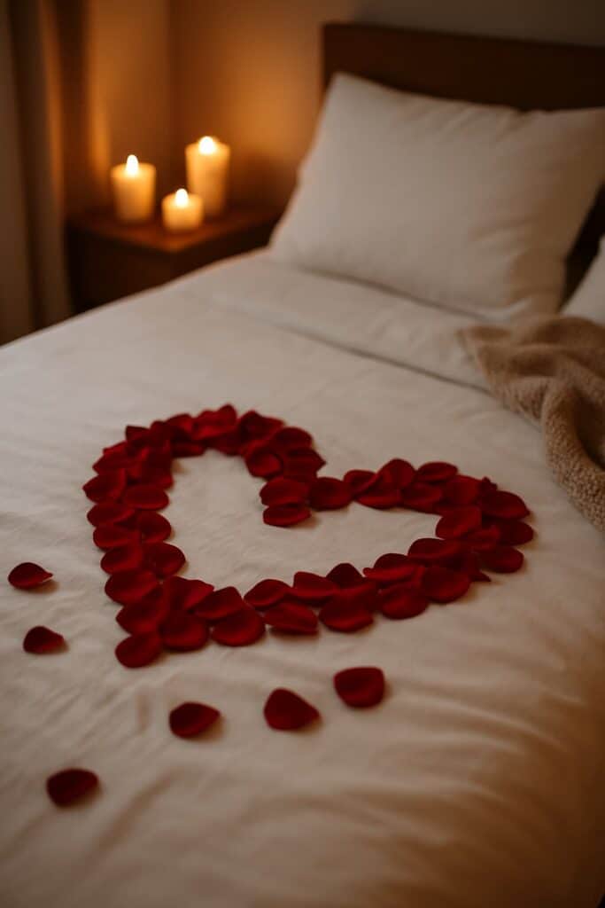 A heart shape made of red rose petals on a bed with candles in the background.