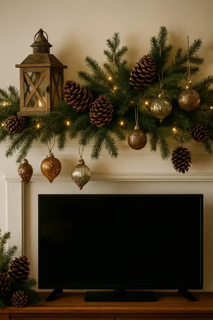 A decorated mantel above a TV featuring greenery, pinecones, ornaments, and a lantern.