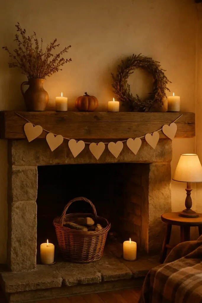 A cozy farmhouse setting with a paper heart garland hanging over a rustic fireplace, surrounded by candles and decorative items.