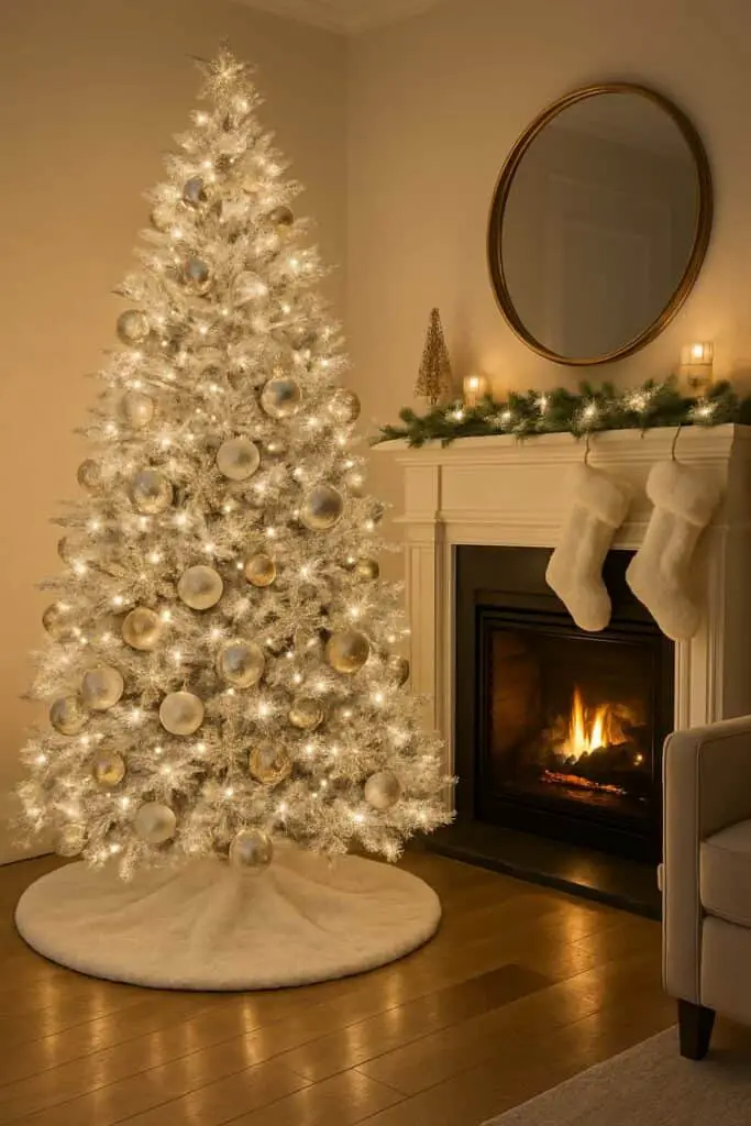 An elegant white Christmas tree with gold ornaments, glowing lights, and a cozy fireplace in the background.