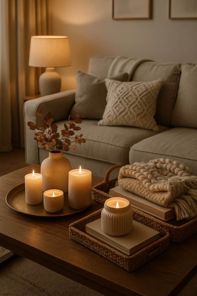 Wooden coffee table styled with a gold tray holding pillar candles, next to a stack of books and a woven tray.
