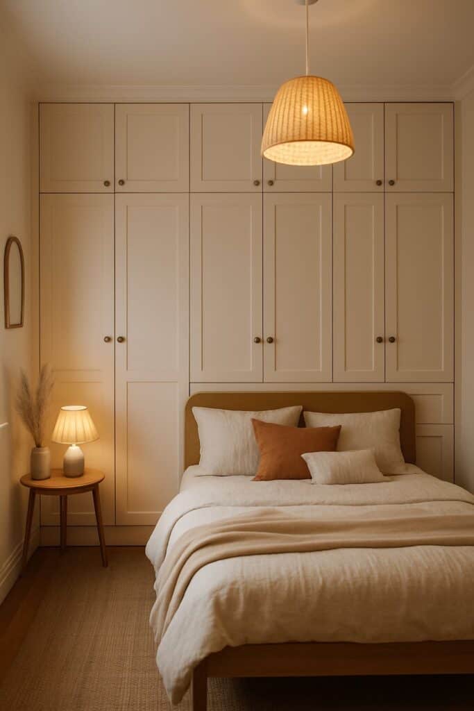 Floor-to-ceiling built-in wardrobe cabinets in a small bedroom, maximizing storage without clutter.