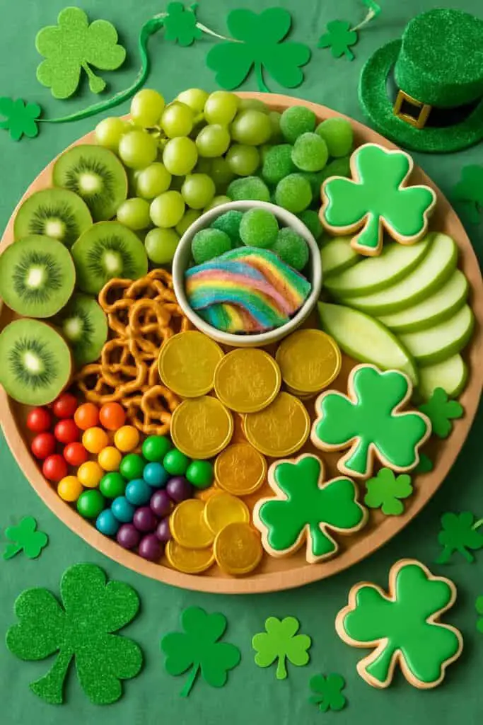 Kid friendly Leprechaun Bait charcuterie board with rainbow candy, chocolate coins, and green fruit.