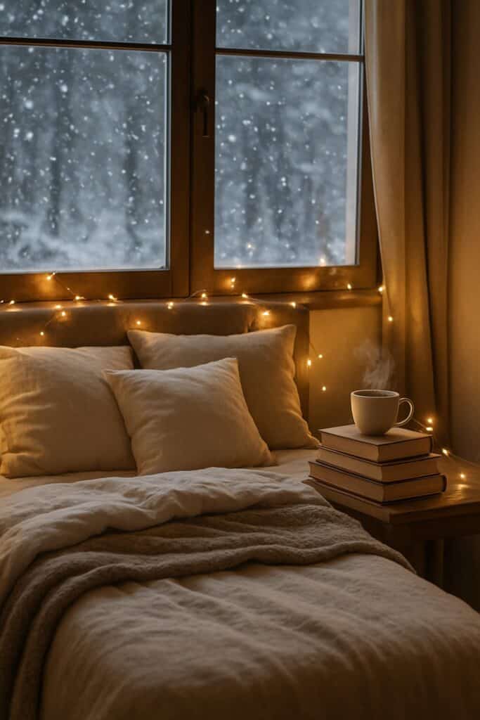 Cozy bedside setup featuring a stack of books and a steaming mug of coffee on a wooden table next to a window with a snowy view.