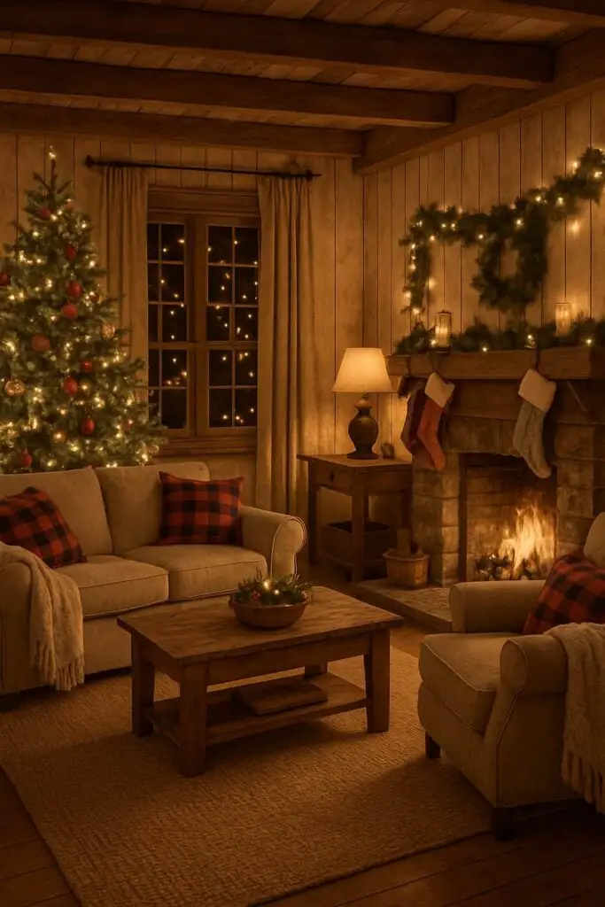 Cozy farmhouse Christmas living room with a decorated tree, fireplace, and rustic decor
