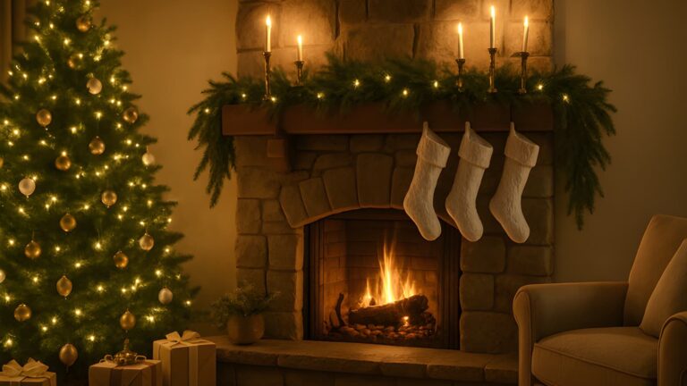 A cozy Christmas living room with a rustic stone fireplace, a decorated mantel with a lush garland and stockings, and a glowing Christmas tree to the side - Christmas Mantel Decor