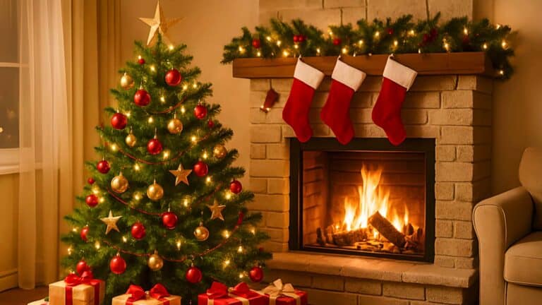 A stunningly decorated Christmas tree with glowing lights, standing in a cozy living room next to a warm fireplace - Christmas Tree Ideas