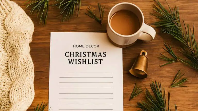 A festive flat-lay showing a Christmas wishlist for home decor, with a cozy blanket, mug, and a blank printable list on a wooden table.