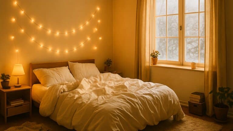 Wide shot capturing the ultimate cozy bedroom aesthetic featuring fairy lights and a snowy window view.