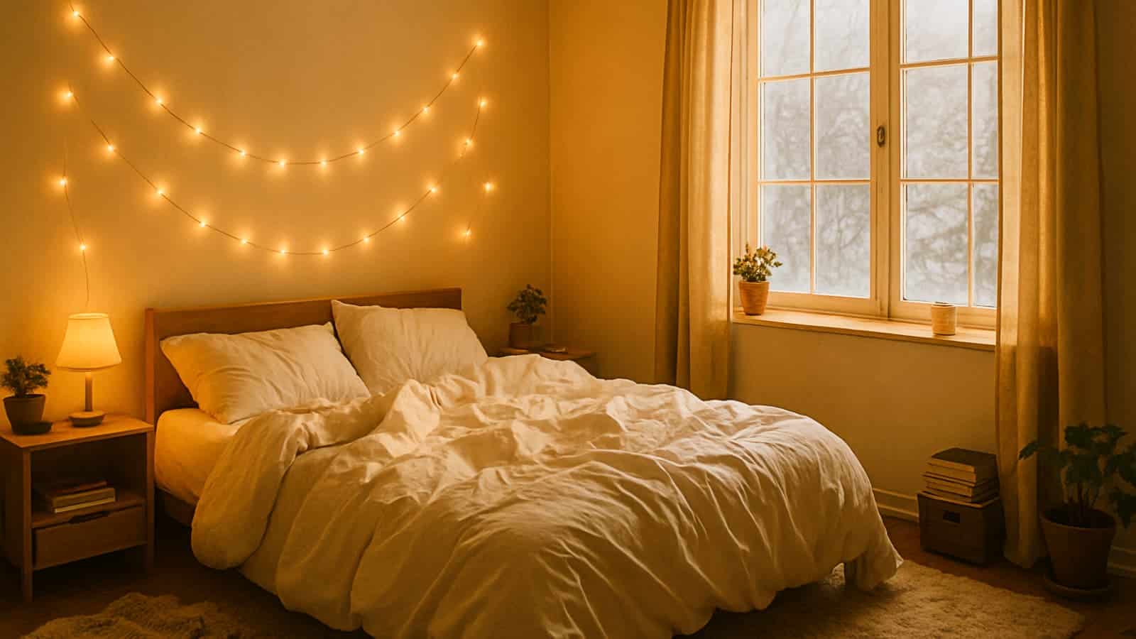 Wide shot capturing the ultimate cozy bedroom aesthetic featuring fairy lights and a snowy window view.