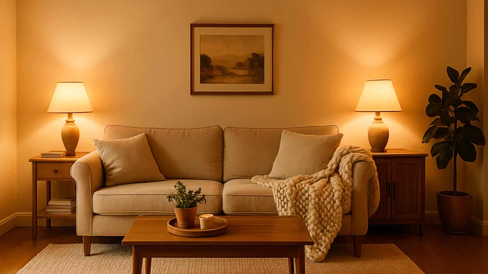 Wide shot capturing a cozy living room aesthetic with warm lighting and neutral decor.