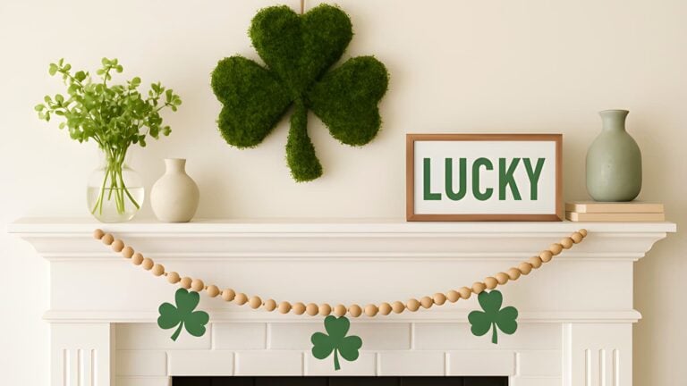 Subtle diy st patricks day decor on a modern farmhouse mantle, featuring a moss wreath and a wooden bead garland.