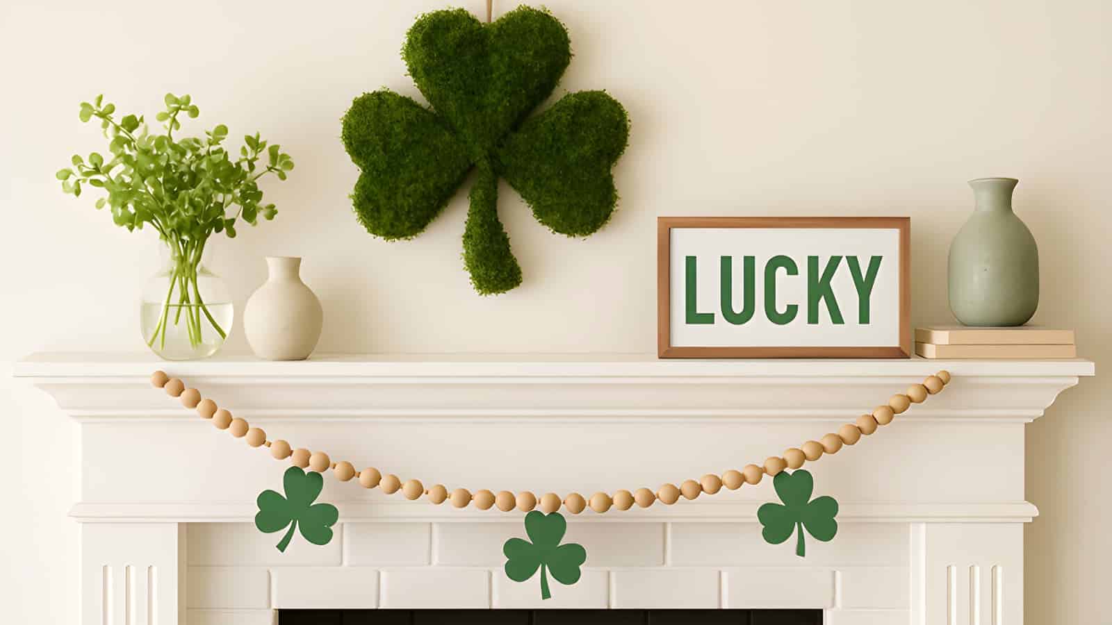 Subtle diy st patricks day decor on a modern farmhouse mantle, featuring a moss wreath and a wooden bead garland.