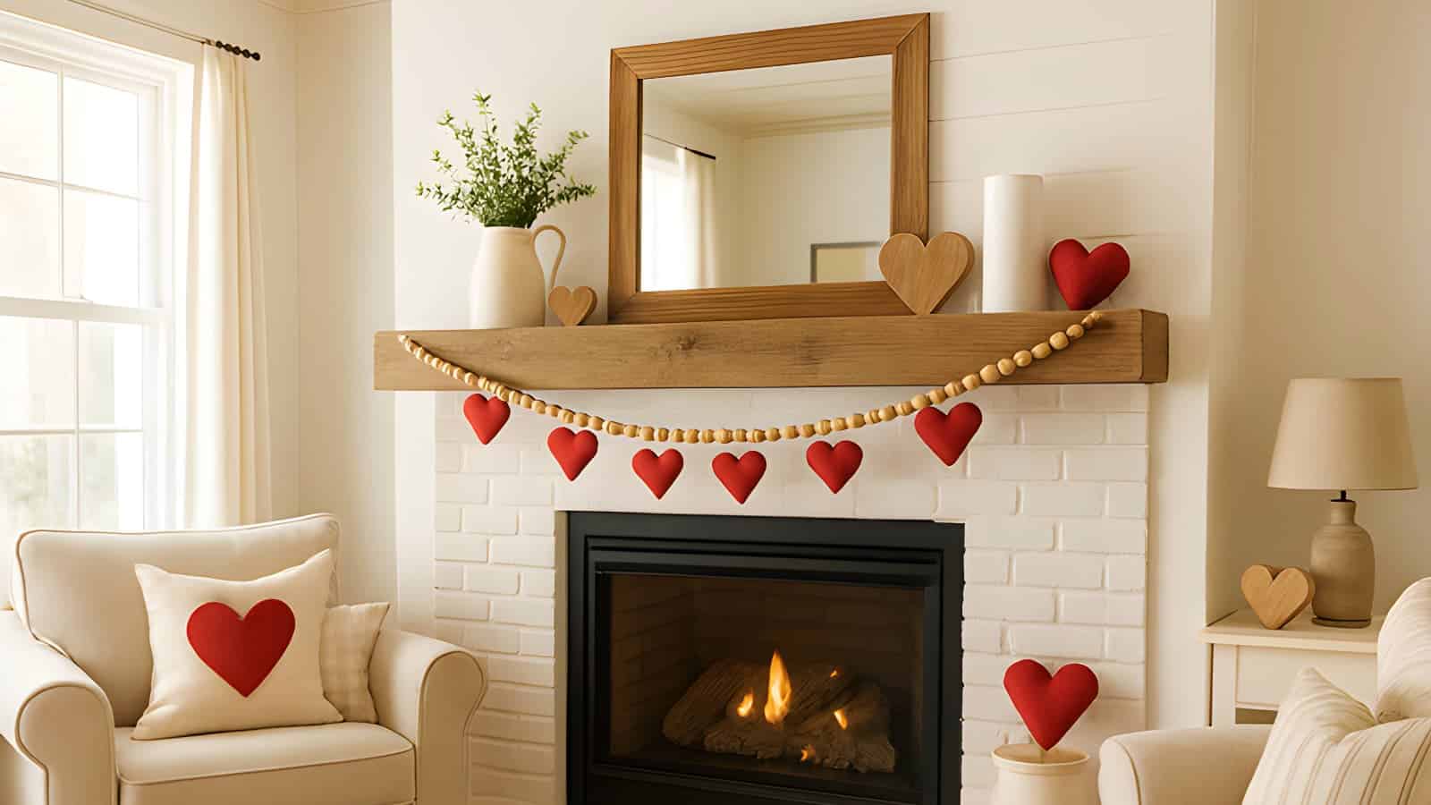 farmhouse valentines day decor on a cozy mantle.
